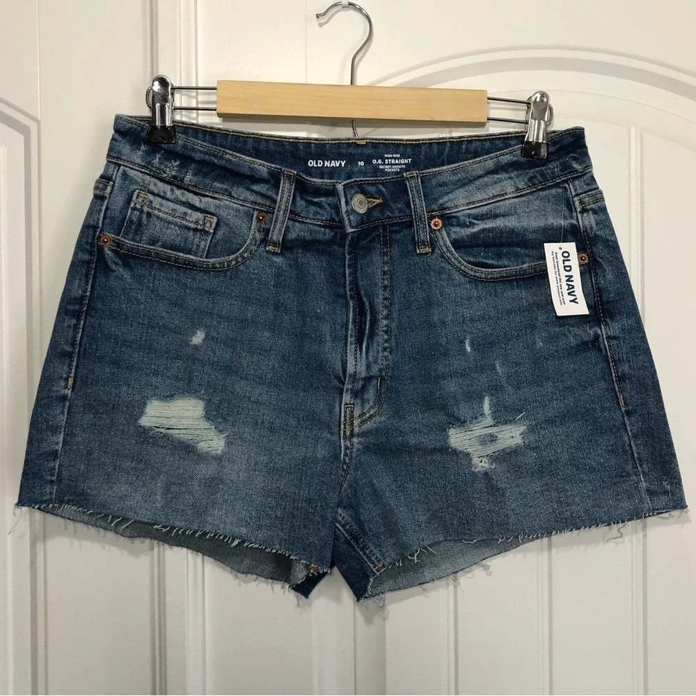 Old Navy High Rise Straight Smooth Pockets Distressed Ripped Row‎ Hem Shorts 10